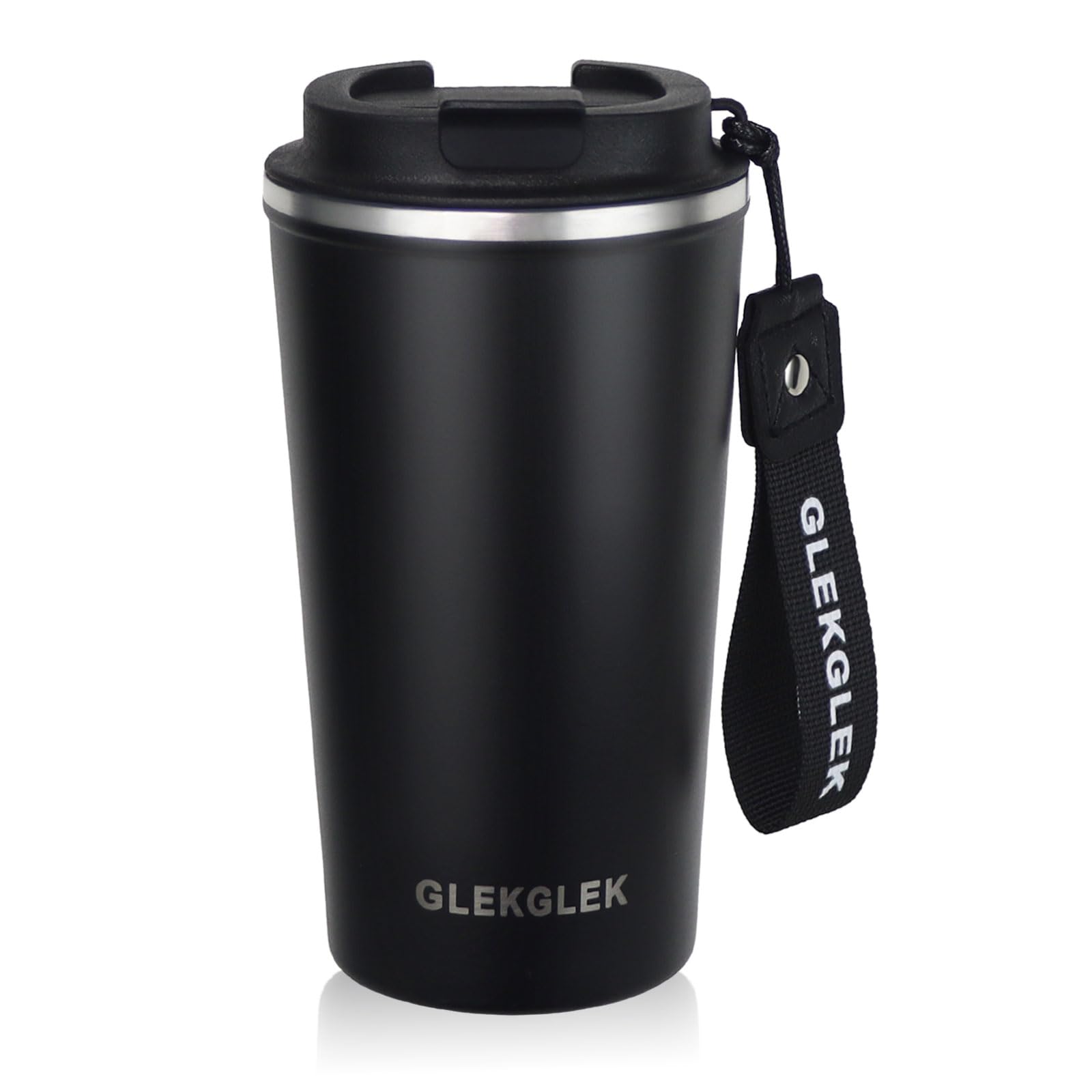 GLEKGLEK Insulated Coffee Cup, Thermal Travel Mugs for Hot Cold Drinks 500ml Leakproof with Lid and Strap (Black)