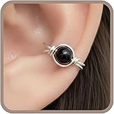 Sterling Silver Black Onyx Clip On Ear Cuff, Non Piercing Dainty Huggie Gemstone Earring