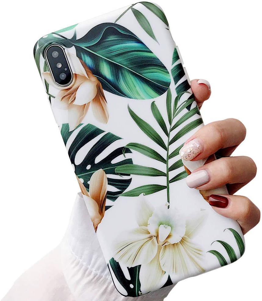 ooooops iPhone Xs Case for Girls, Green Leaves with White & Brown Flowers Pattern Design, Slim Fit Clear Bumper Soft TPU Full-Body Protective Cover Case for iPhone X/XS 5.8'' (Leaves & Flowers)