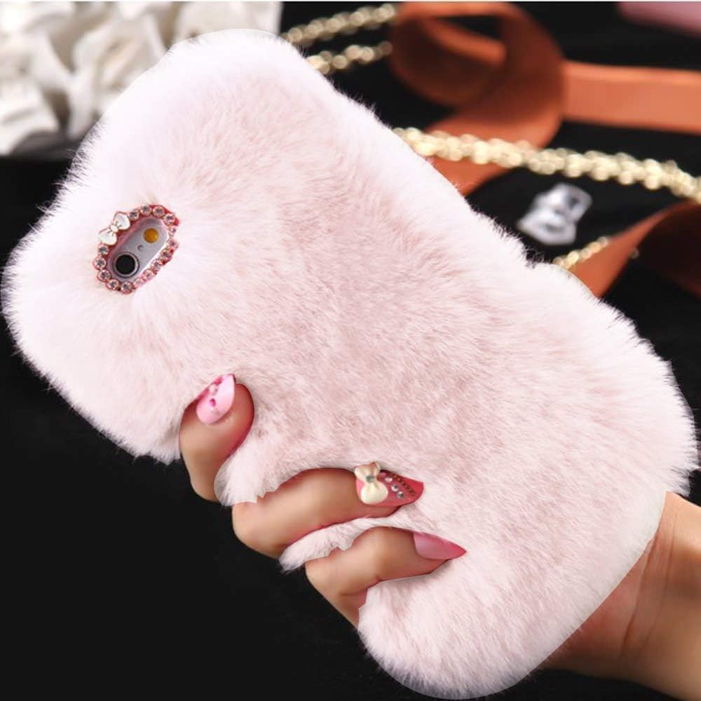 for iPhone XR Plush Case PEPMUNE Girls Luxury Fluffy Furry Case Faux Rabbit Fur Cute Cover Soft Silicone Shockproof Case with Glitter Diamond for iPhone XR, Pink