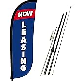 LookOurWay Feather Flag Pole Kit - 7 Feet Tall Advertising Banner with Fiberglass Pole Set and Ground Spike for Business Promotion - Real Estate Flags - Now Leasing Blue