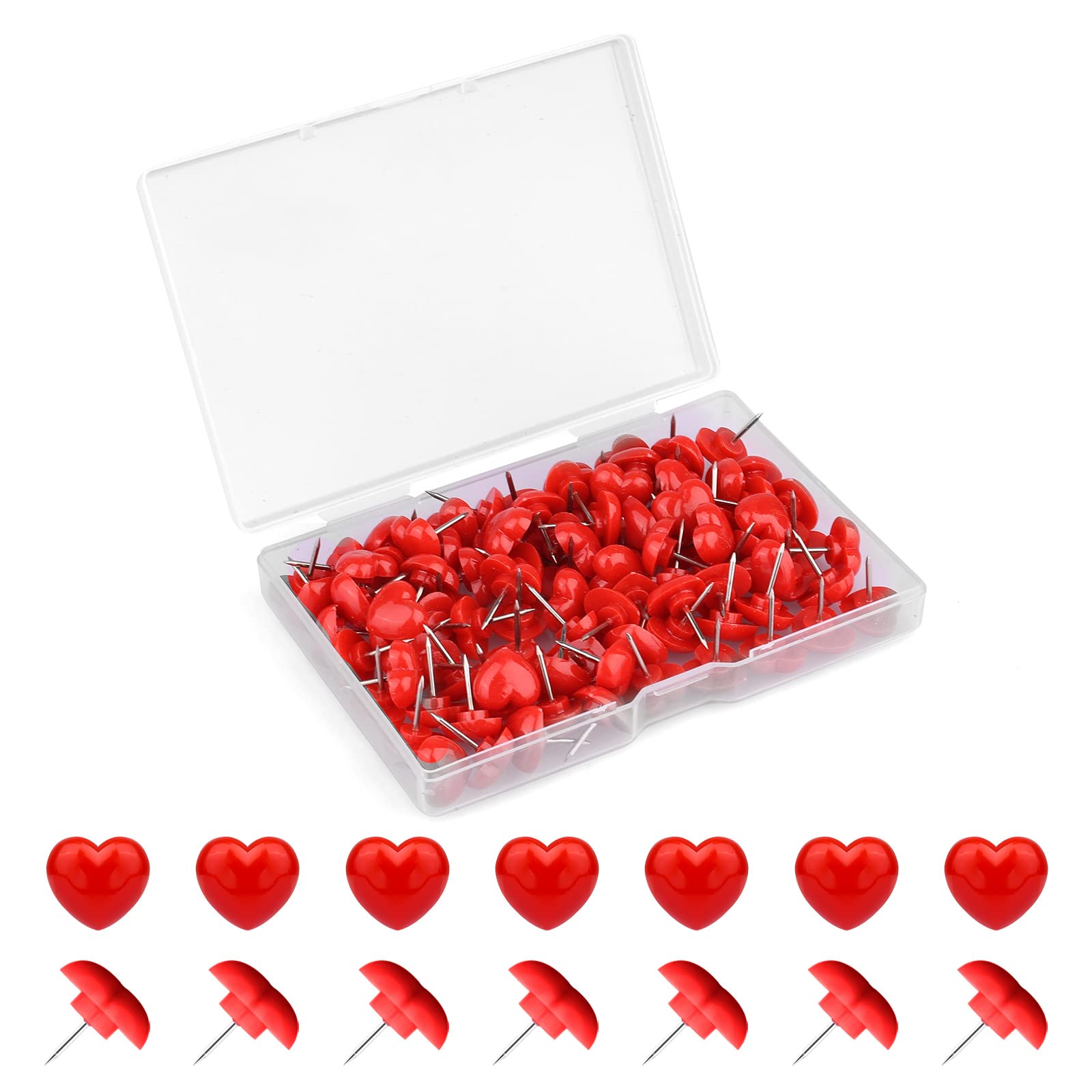 100pcs Push Pins, 0.47inch Plastic Pushpins Push Pins with Stainless Steel Point Heart-Shaped Decorative Thumb Tacks for Cork Board Bulletin Board Wall Decor (Red)