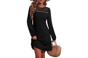 Dokotoo Dresses for Women Crew Neck Long Sleeve A Line Shift Dress Solid Color Loose Fit Mini Dress