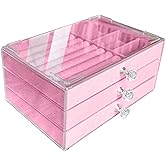 Jemjosh Clear Acrylic Velvet Jewelry Organizer with 3 Drawers, Stackable Display Storage Earrings Necklace Rings Bracelets Box Holder Case for Women, Pink