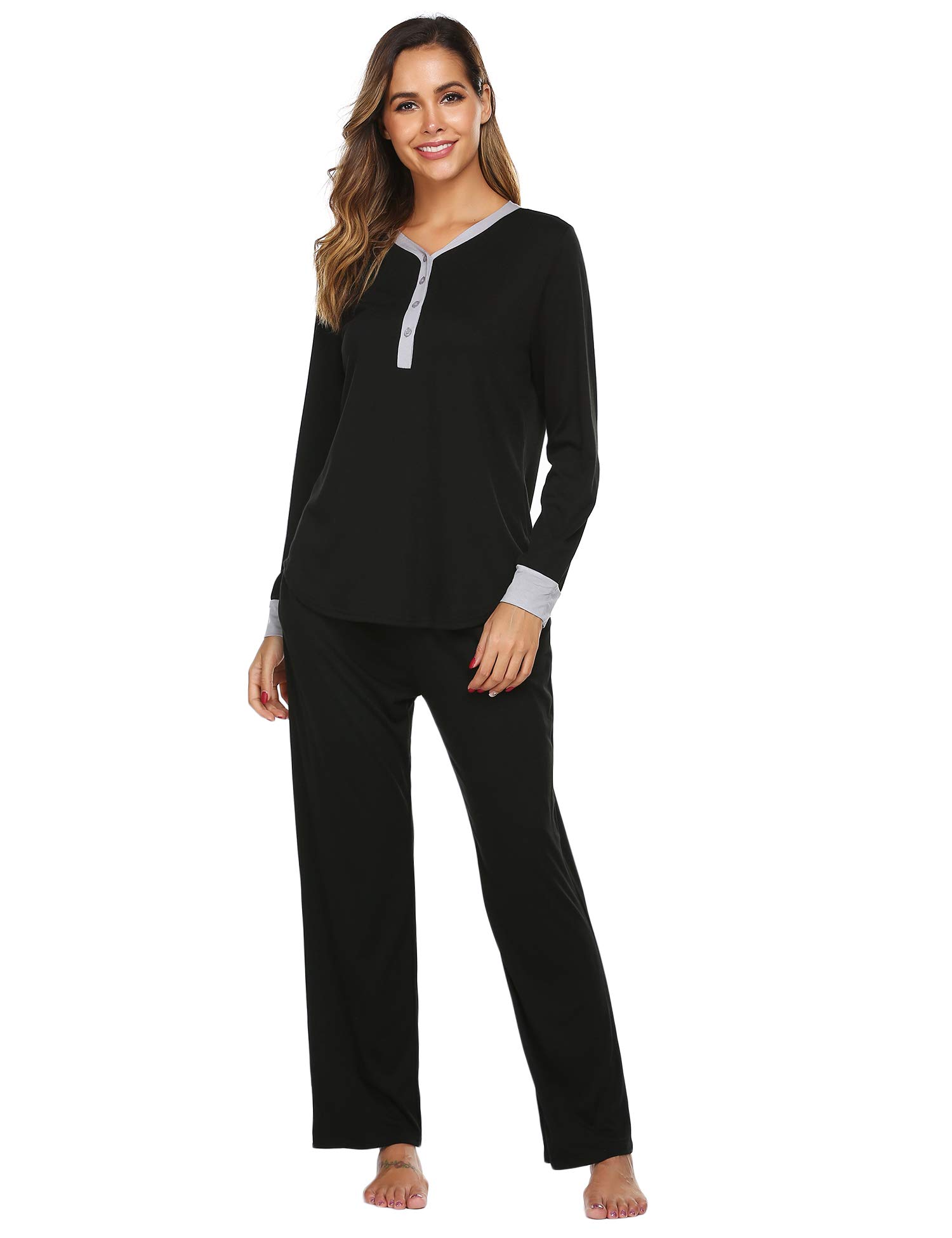 Ekouaer Women\'s Pajama Set Long Sleeve Sleepwear Long PJ Set Black