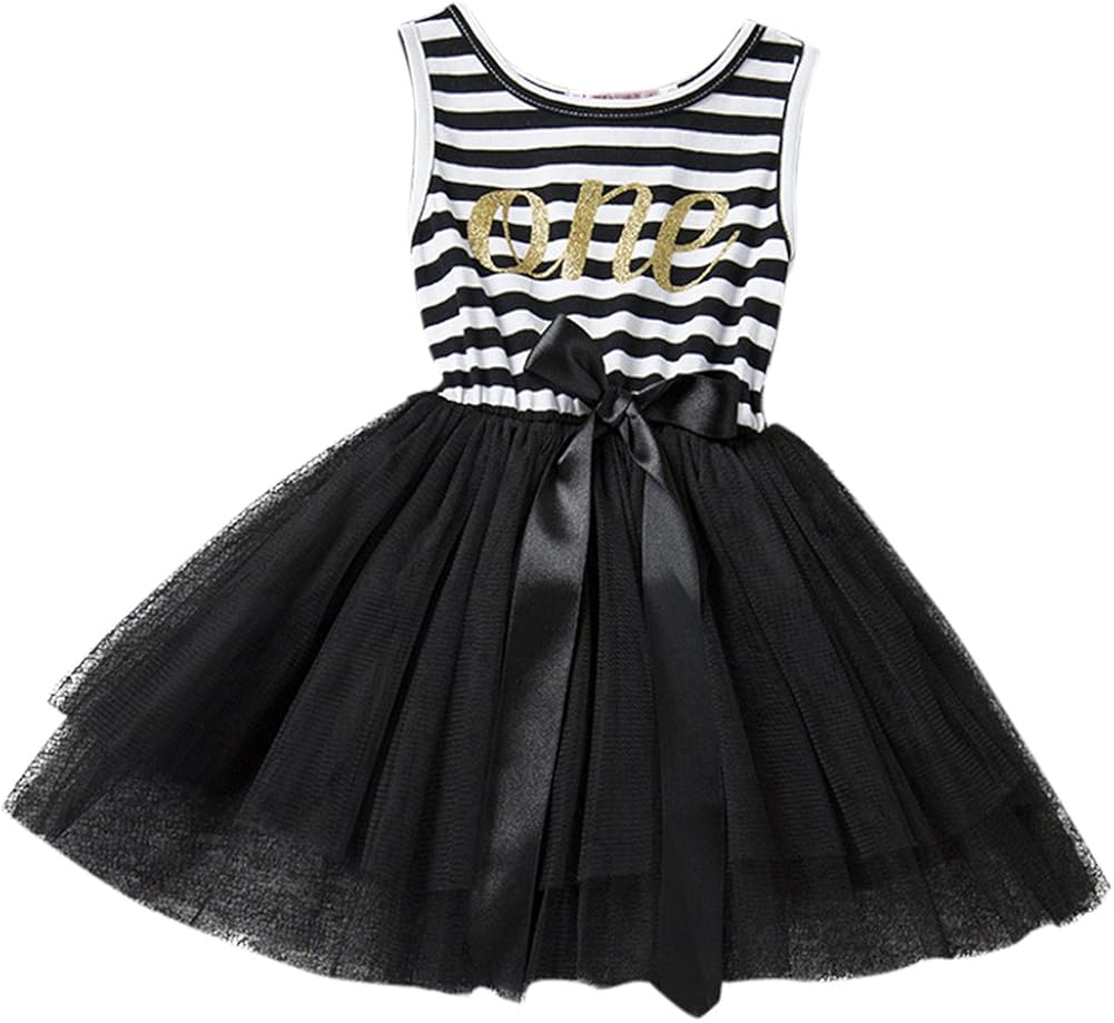 Baby Girls 1st/2nd/3rd Birthday Party Dress Outfit Striped Shiny Letter Crown Cake Smash Party Princess Tulle Skirt Clothes