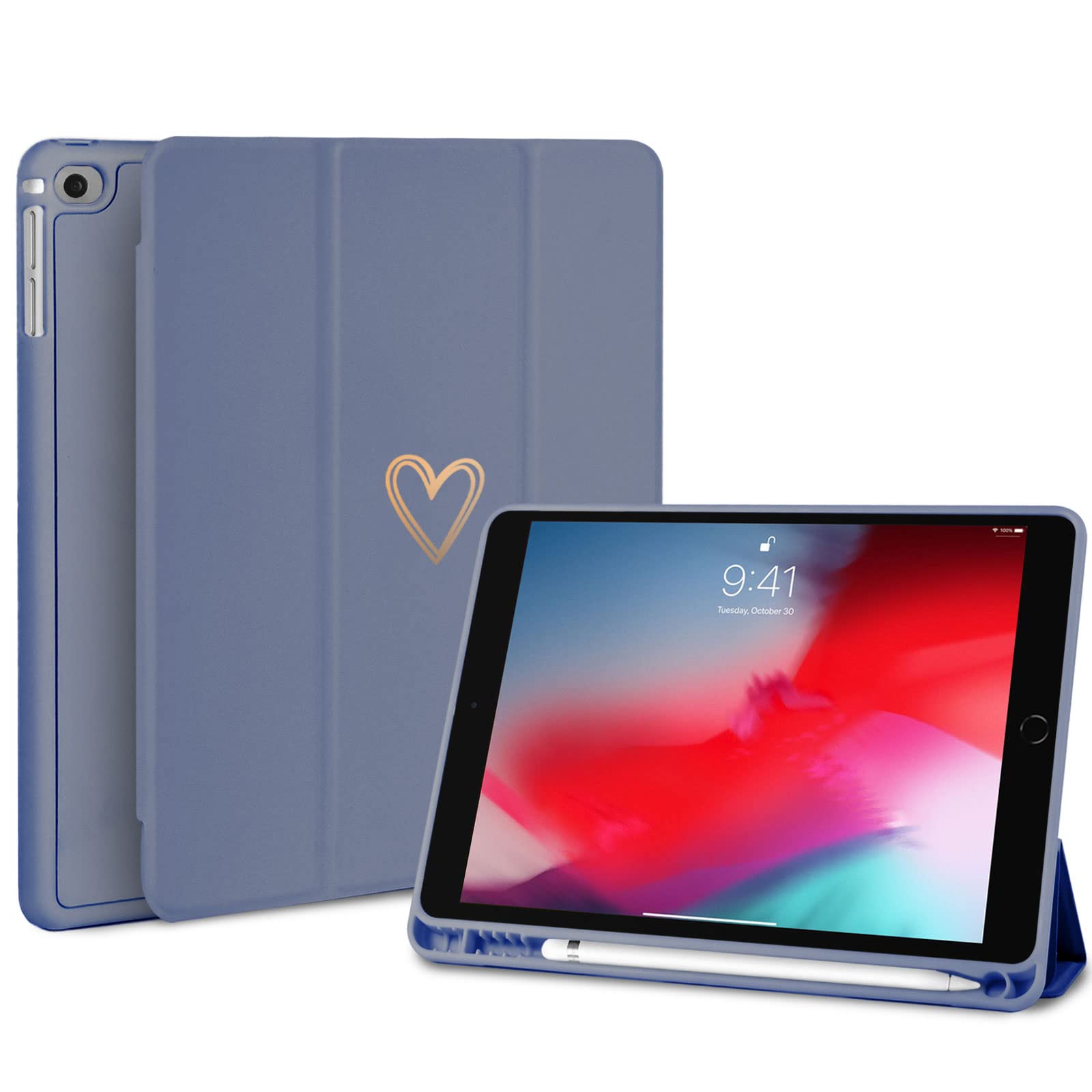 Fycyko iPad 9.7 Inch Case - 6th/5th Gen 2018/2017 with Pencil Holder & Tip Cover, Heart Pattern Protective Case