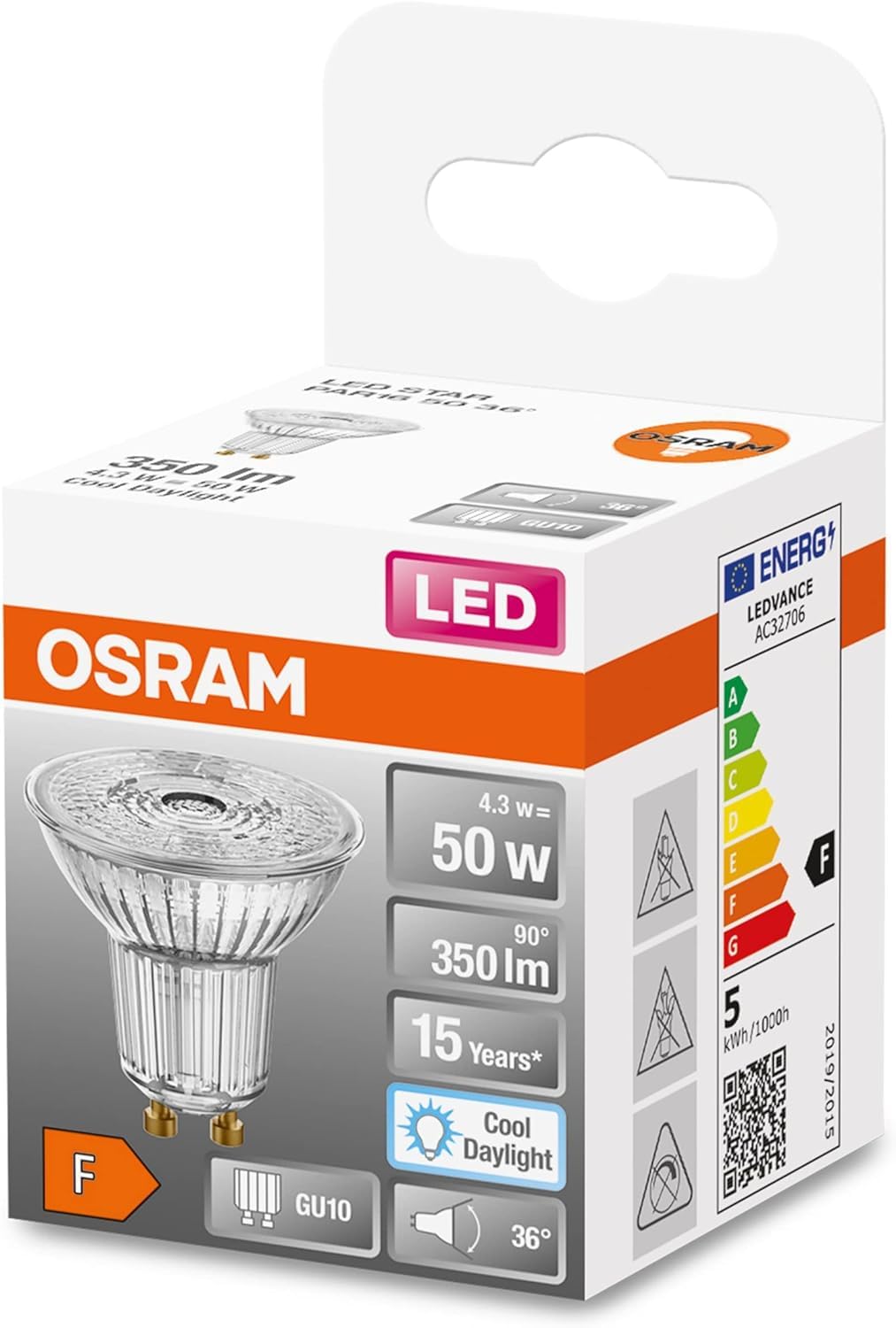 OSRAM LED Star PAR16 50 LED Reflector lamp with 36 Degree Viewing Angle, GU10 Base, Daylight White (6500K), Replacement for Conventional 50W spot Lamps, 6-Pack