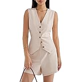 SUUKSESS Women's Summer 2 Piece Sets Button Down V Neck Vest Waistcoat and Pockets Shorts Sets