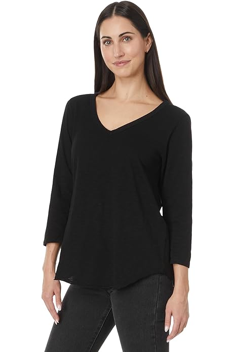 Mod-o-doc Women's 3/4 Sleeve V-Neck Tee with Curved Hem, Black1 at