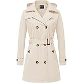 CREATMO US Women's Trench Coat Double-Breasted Classic Lapel Overcoat Belted Slim Outerwear Coat with Detachable Hood