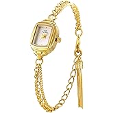 Womens Dainty Silver Gold Silver Rectangle Pearl Dial Tassel Chain Ultra Thin Waterproof Quartz Watch Ladies Dress Casual Elegant Analog Wristwatch Bracelet