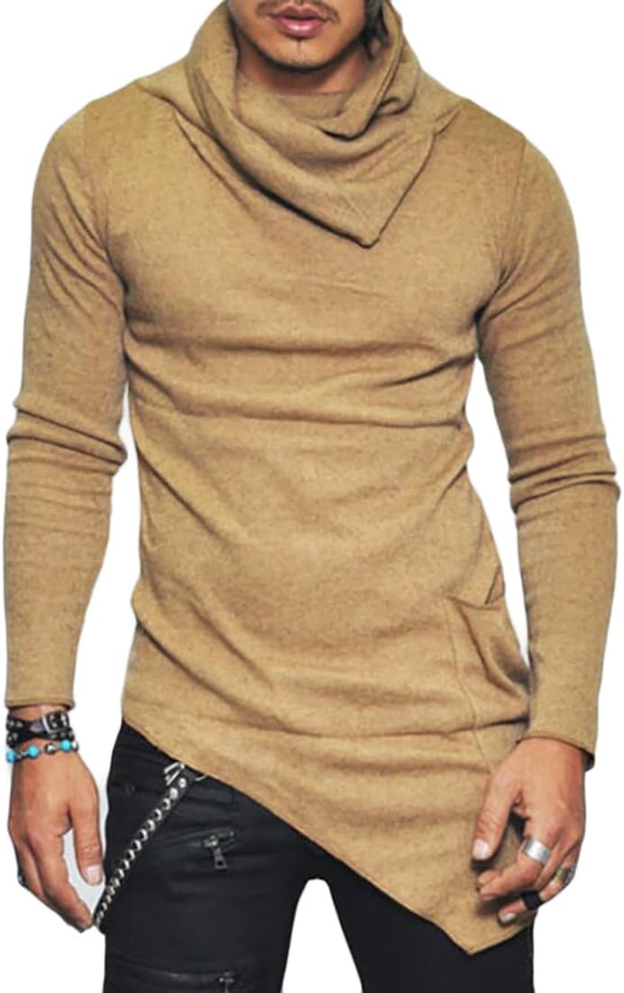 KLJR Mens Turtleneck Solid Asymmetrical Hem Sweatshirts Tops Khaki US L