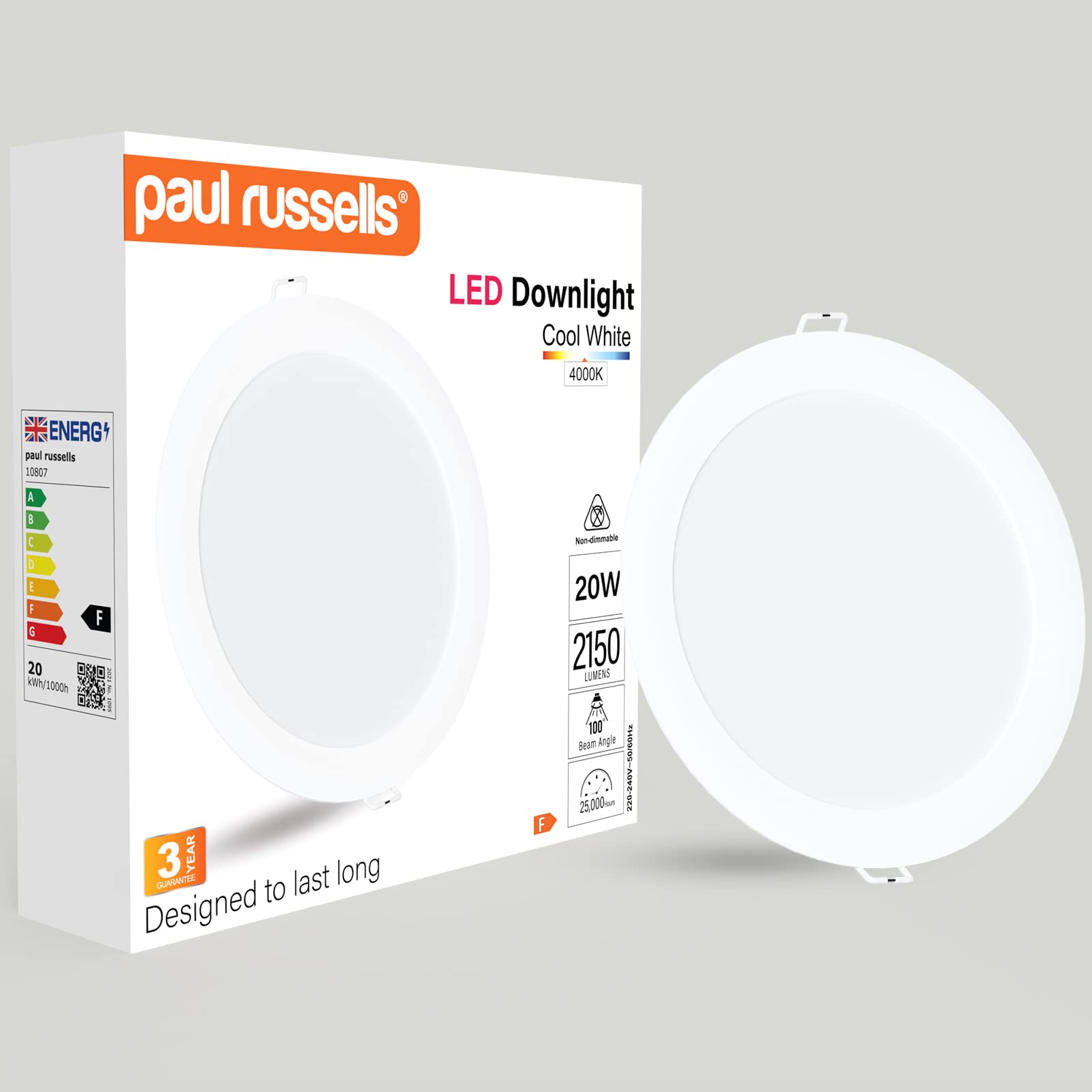 paul russells LED Ceiling Downlights, 20W Slim Recessed Bathroom Downlights, Kitchen Ceilings, 2150 Lumens, 4000K Cool/Natural White, Cutout 170-180mm, Round Non-Dimmable Panel Spotlights, 1 Pack