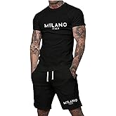 WDIRARA Men's 2 Piece Outfits Anchor Print Striped Tracksuits Short Sleeve T Shirt and Drawstring Shorts Sets