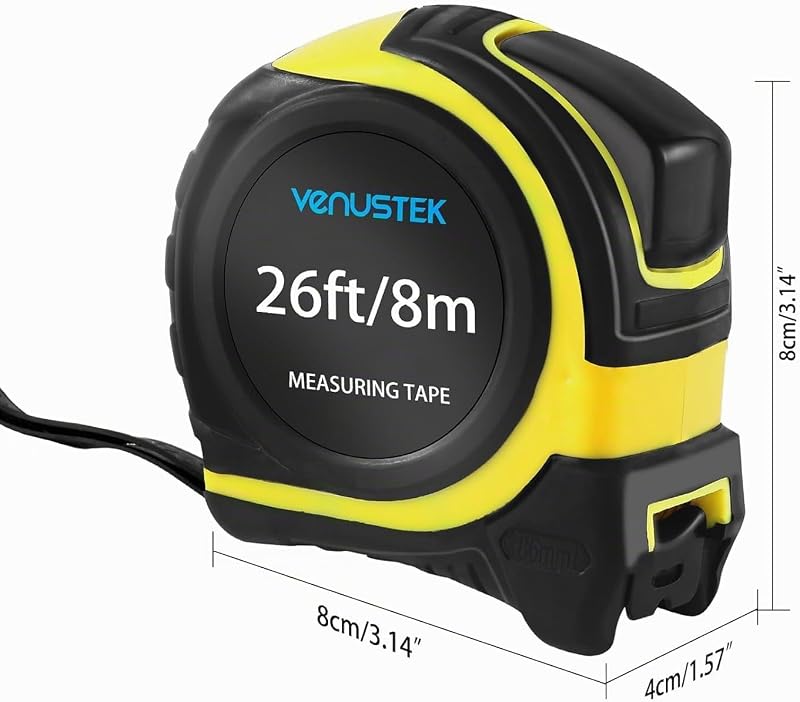 Maßband Massband, 8 m (26 Fuß), Profi Bandmaß mit Gürtelclip,Feststeller, gelb lackiert mit Zoll- und mm Skala, für Haushalt, Heimrenovierungen und Baustelle