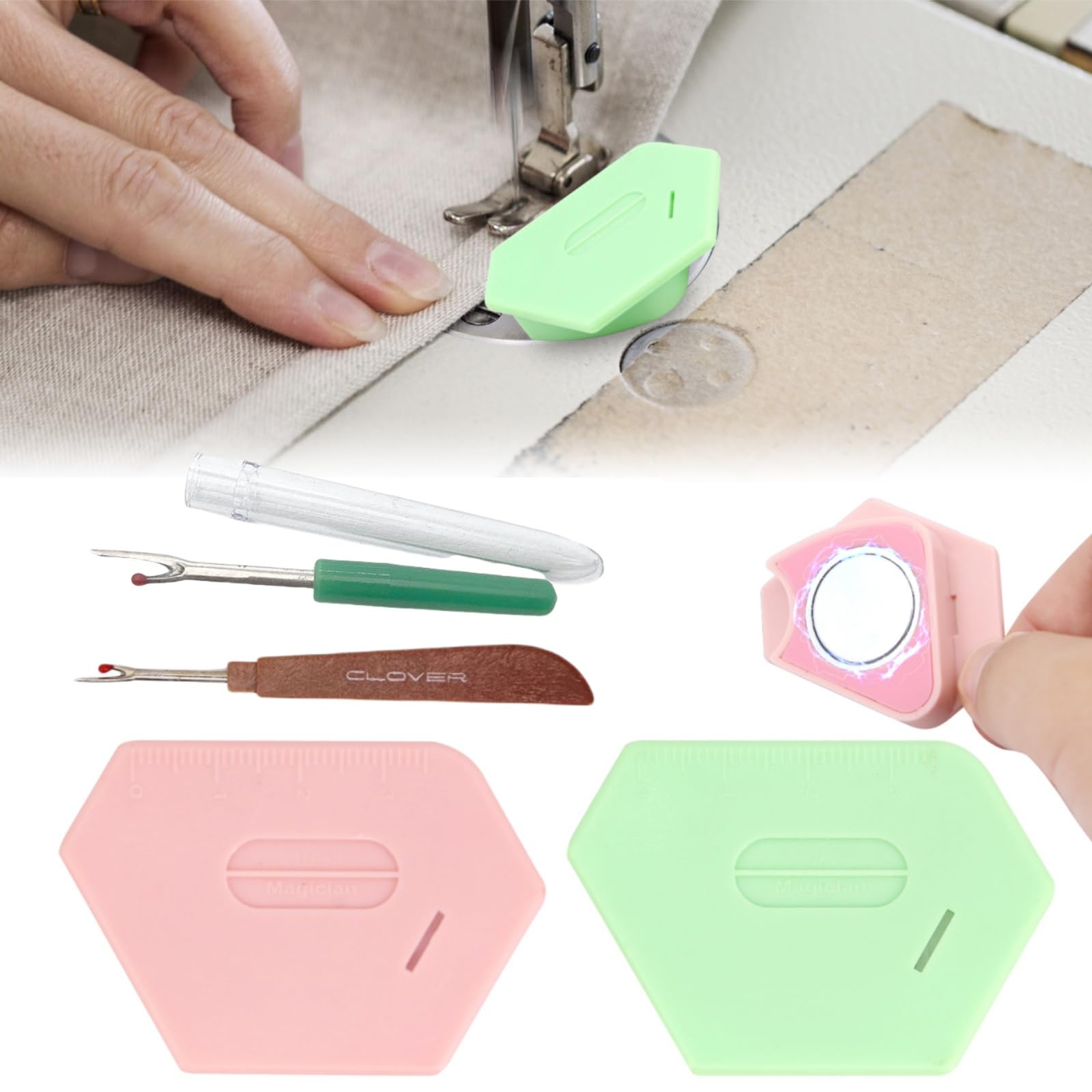 Magnetic Seam Guide for Sewing Machine, Multifunctional 2PCS Polygonal Hemmer Guide with Seam Ripper for Seaming, Universal Sewing Accessories & Supplies for Magnet Making Machines