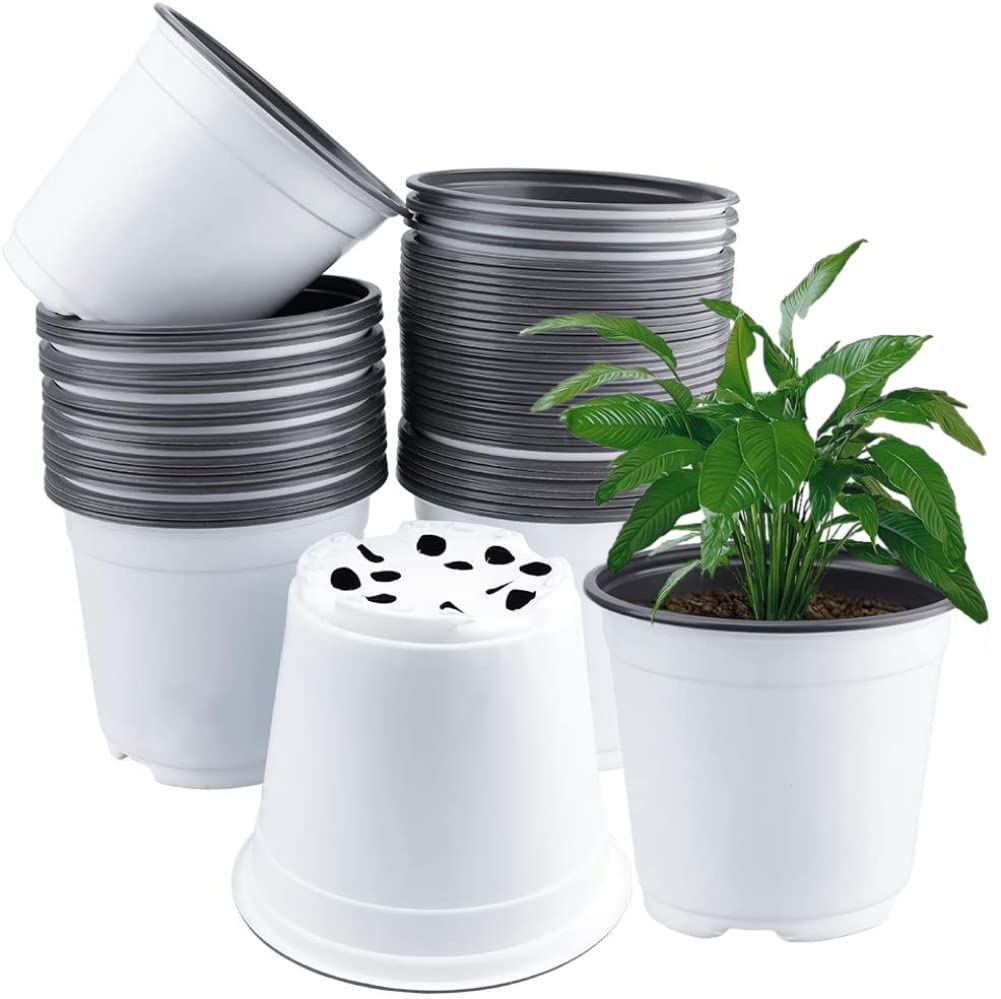LATERN 50Pcs 15cm Plastic Plant Flower Pots, White Lightweight Seed Starting Pot Nursery Seedlings Pot Flower Plant Container (15cm x 13cm)