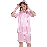 Ammiko Pajamas Satin Pajama Set Silk Pjs Button-Up Top and Short Soft Sleeve Sleepwear Nightwear for Women