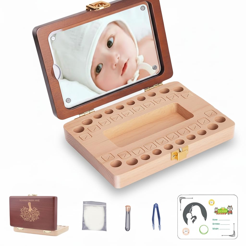 Euscmaic Baby Teeth Keepsake, Wooden Personalised Tooth Fairy Box Storage and Lost Teeth Savings Box With Photo Frame Stickers, Suitable Curl Memory Container for Boys and Girls First Tooth