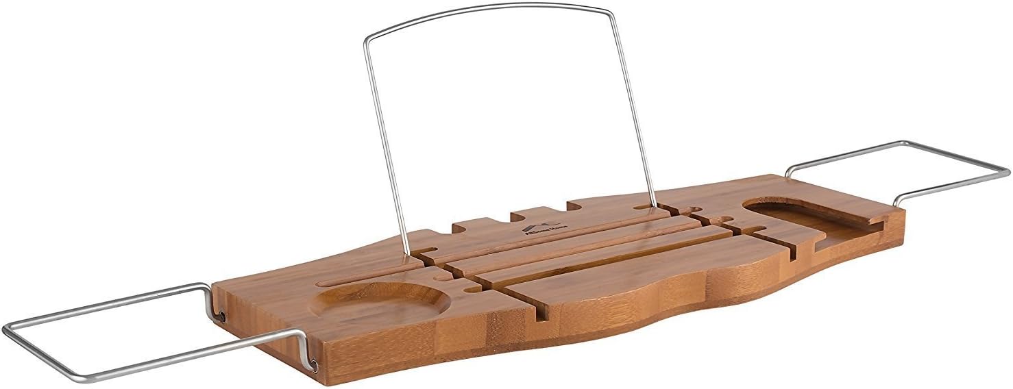 Natural Bamboo Wood Luxury Bath Caddy Tray Spa Organizer by AllSome Home With Extending Sides