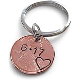 Custom Hand Stamped Personalized Penny Keychain Initials With Heart Around Year & Other Options, Anniversary Gift, Husband Wife Key Chain, Boyfriend Girlfriend Gift, Customized Couples Keychain