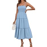 EYNMIN Women's Summer Midi Dress Casual Boho Beach Sundress Spaghetti Strap Sleeveless Smocked Flowy A-Line Dresses