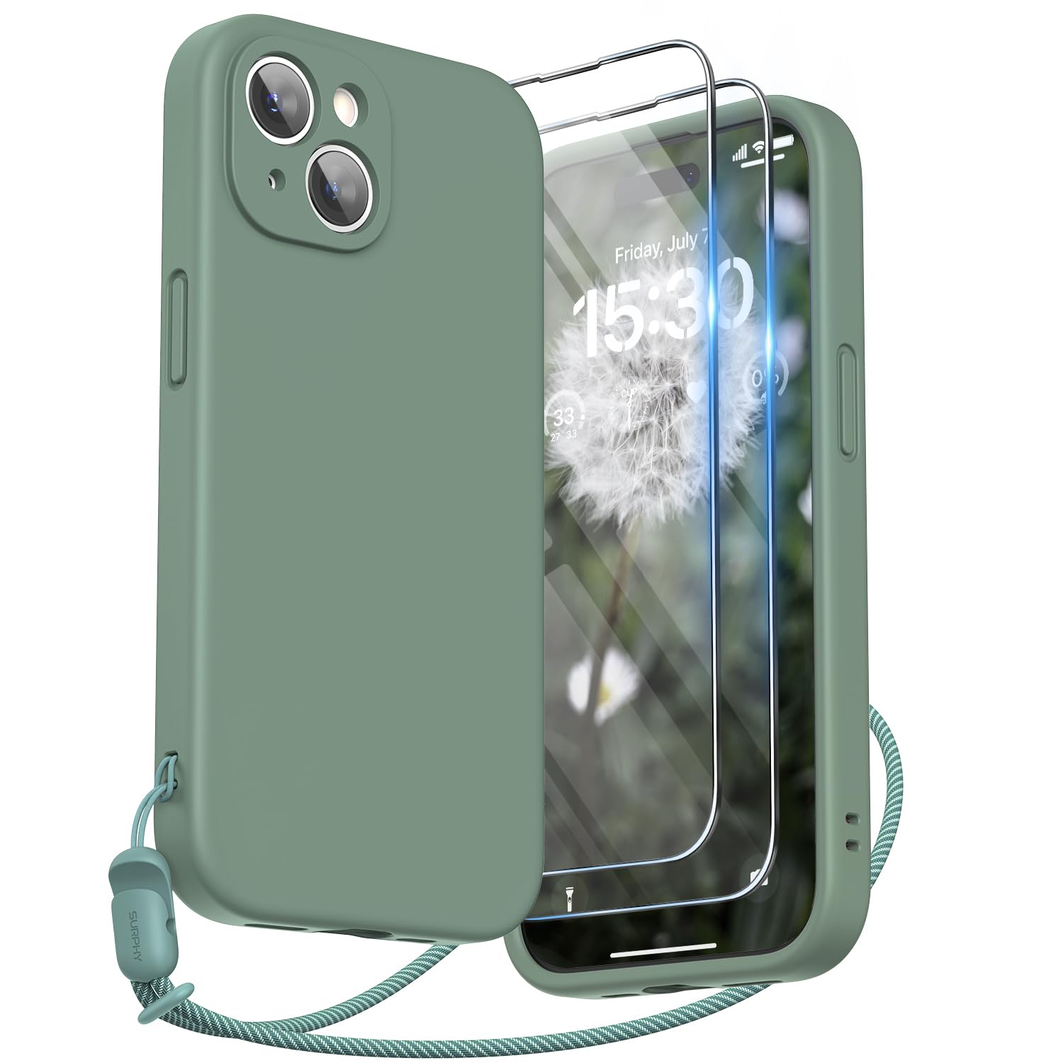 SURPHY Design for iPhone 15 Case, Liquid Silicone Protection for Each Lens [2 x Screen Protectors & 1 x Lanyard] Shockproof Cover for iPhone 15 6.1 inch 2023, Cypress
