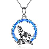 YFN Wolf Necklace Gifts for Men Women Sterling Silver Opal Moon Wolfs Jewelry Birthday 18+2"