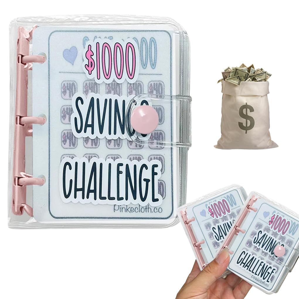 FineInno 1000 Challenge Money Saving mini Binder, Envelope Savings Challenge Book, Money Organizer Budget Binder with Cash Envelope Reusable Savings Binder