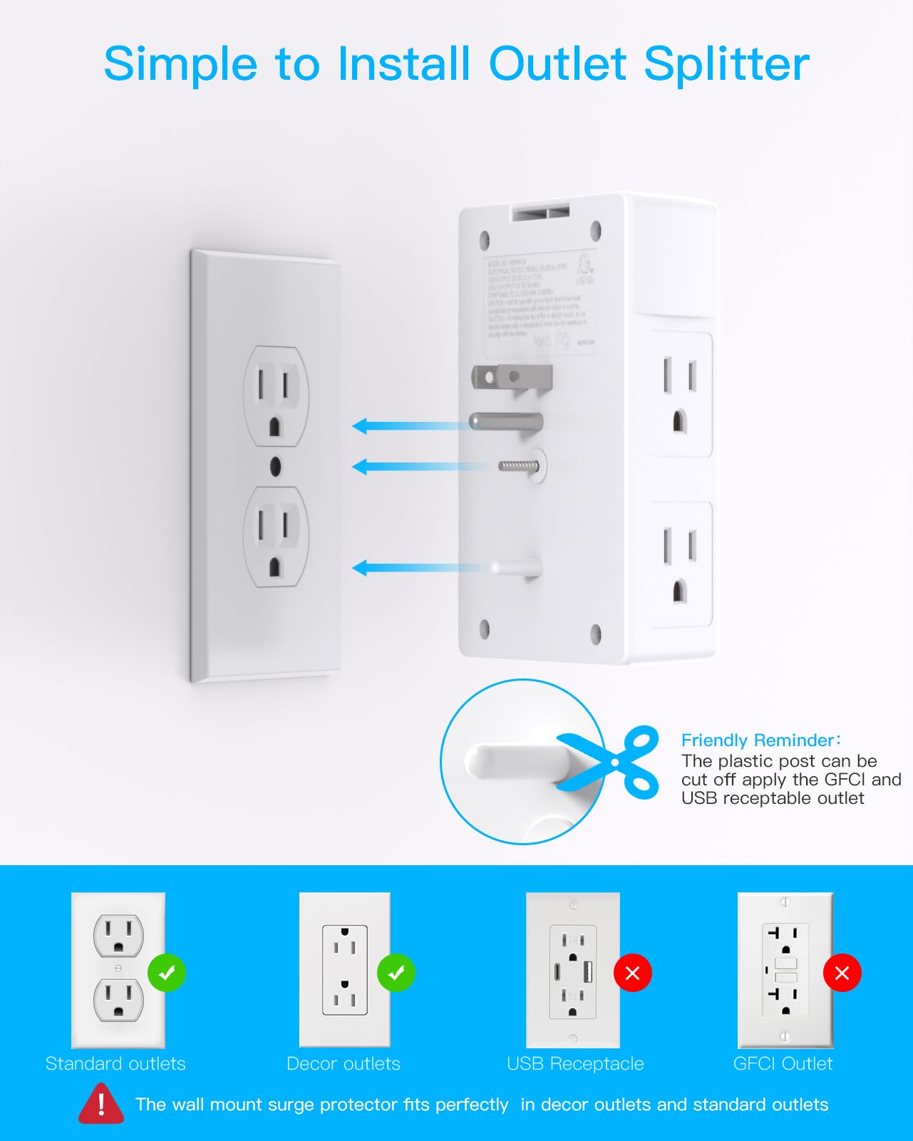 One Beat 1680J 3 Side Power Strip Multi Plug Expander, Surge Protector, 5 Outlets Extender, 4 USB Ports (USB C), Wall Mount Charger, Outlet Splitter Adapter for Home, Travel, Office, ETL Listed, White