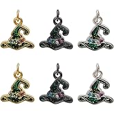 Beebeecraft 1 Box 9Pcs Wizard Hat Charms Real 18K Gold Plated Cubic Zirconia Halloween Witch Hats Charms Black Enamel Gothic Hat Charms for DIY Earrings Bracelets Necklace Jewelry Making