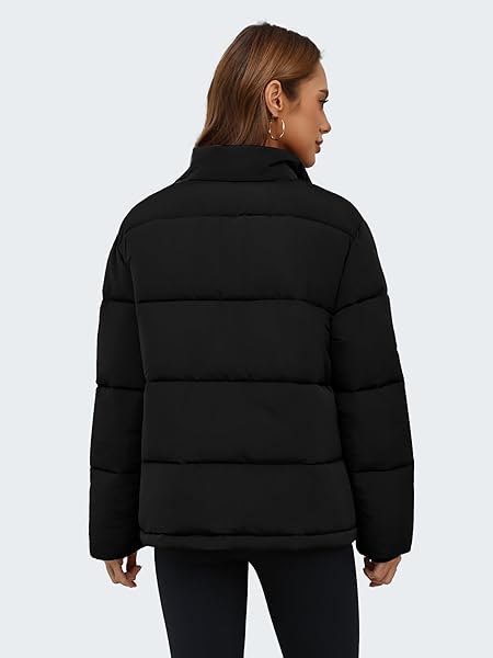 FUNLINGO WOMENS WINTER PUFFER JACKET CASUAL STAND COLLAR ZIP UP WARM CROPPED COATS LIGHTWEIGHT QUILTED PADDED OUTERWEAR WITH POCKETS BLACK S