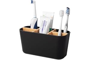HEAGOALE Toothbrush Holders for Bathrooms, Bamboo Tooth Brush Holder with 5 Slots Bathroom Vanity Organizer Countertop for Electric Toothbrushes, Toothpaste, Razors - Black