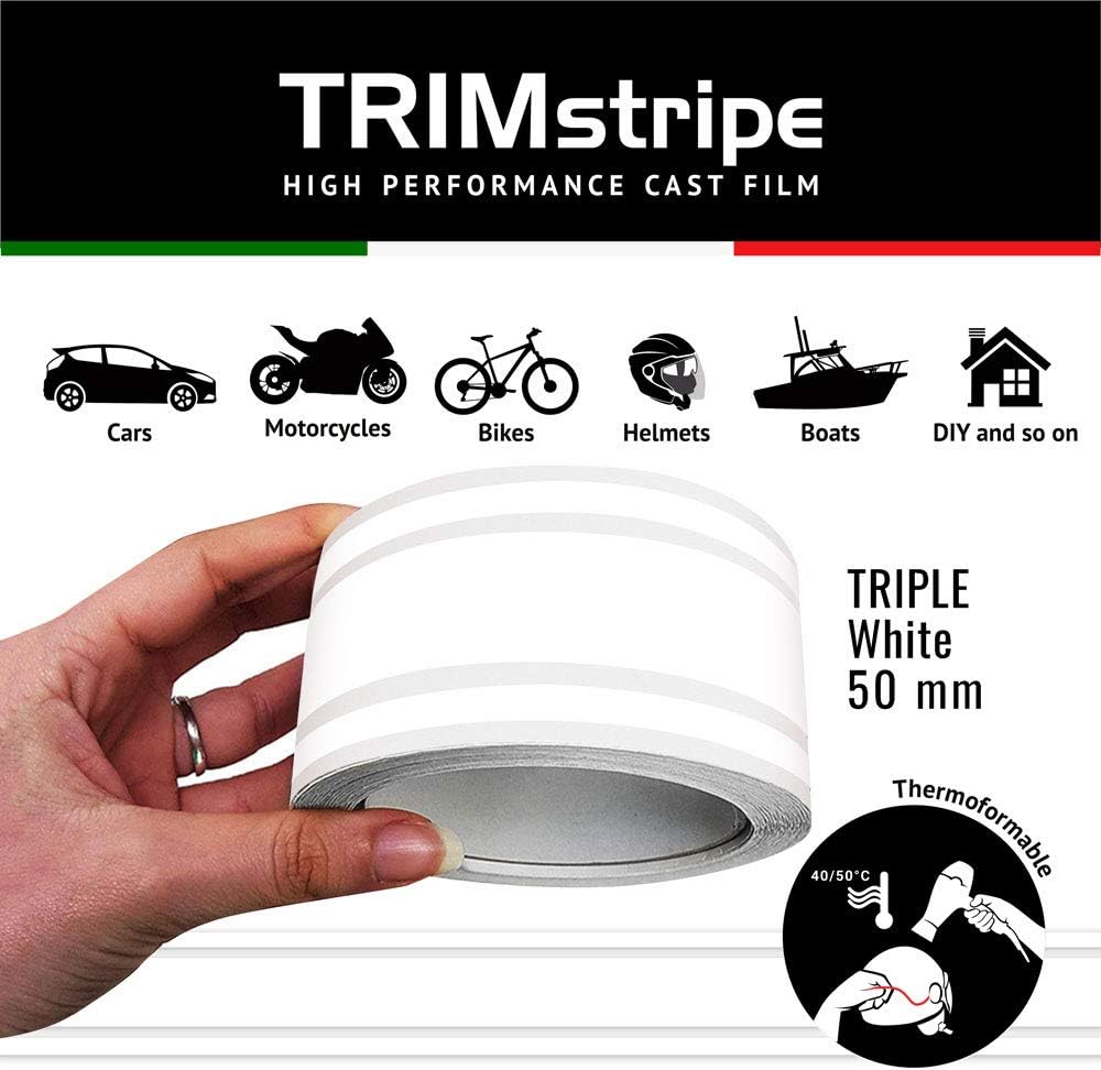 4R Quattroerre.it 10532 Trim Stripes Triple Adhesive Strips for Cars White, 50 mm x 10 mt