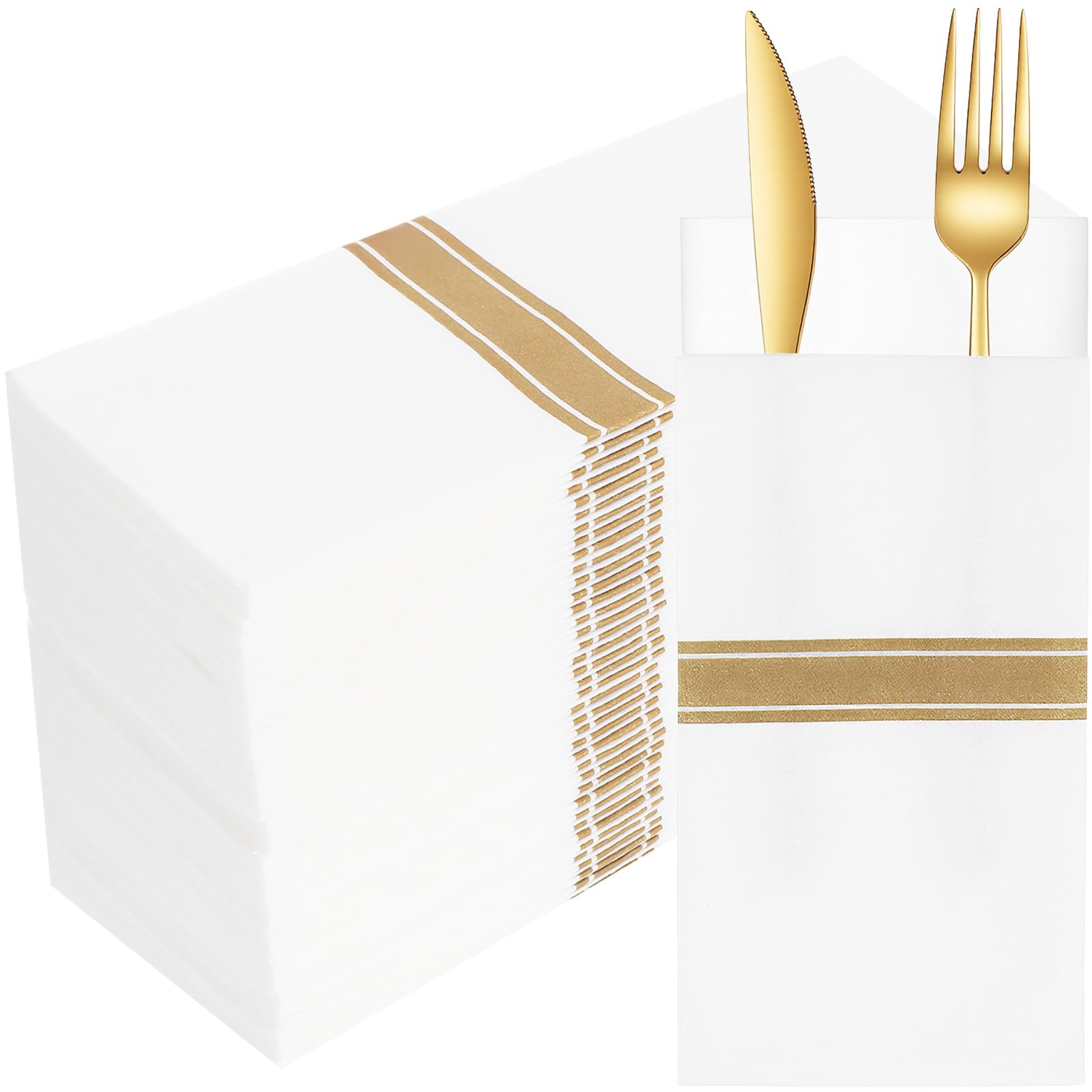 Photo 1 of 100 Pack Disposable Dinner Napkins, White with Gold Trim Linen Feel Paper Napkins, Pre-Folded with Built-in Flatware Pocket for Wedding Party Kitchen