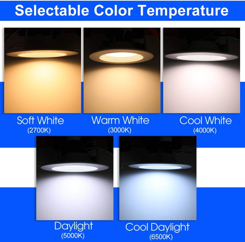 12 Pack, 5/6 Inch LED Recessed Lighting Baffle Trim, No Flicker, 5 CCT & Dimmable 10.5W=85W Downlight, Wet Rated, E26 Base, Simple Retrofit Installation, Energy Star & ETL Listed - - 