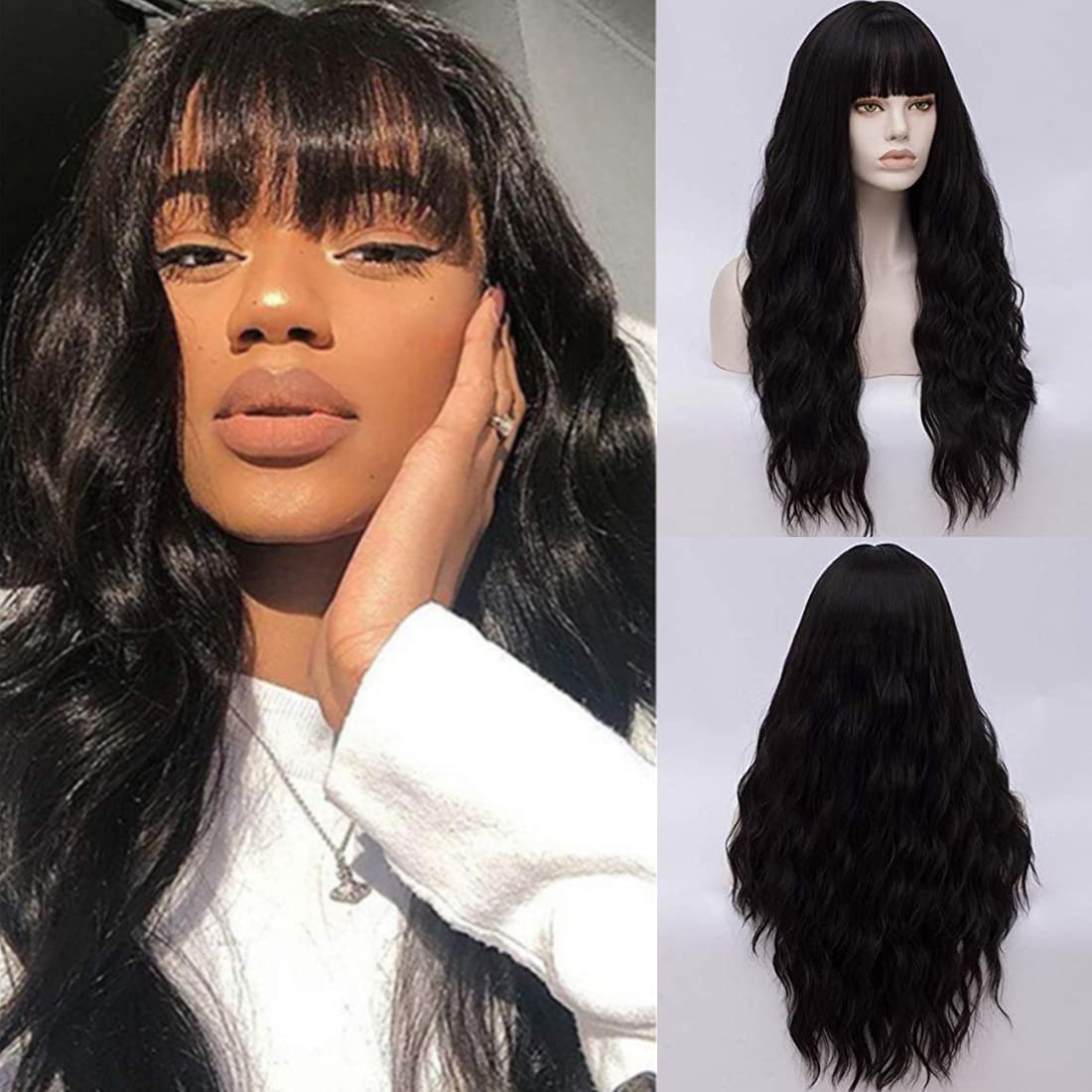 FVCENT 27 Inches Long Curly Women Girls Charming Synthetic Wig with Bangs (Black)