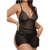 OYOANGLE Women's Plus Size Mesh Sheer Lingerie Set 2 Piece Side Slit Chemise Slip Dress and Thongs Babydoll Sleepwear