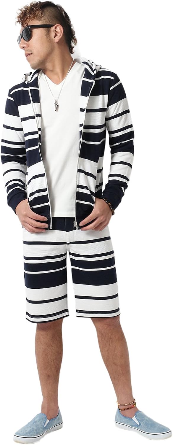 Amazon セットアップ メンズ スウェット 上下セット ランダムボーダー柄 M ネイビーb トレーナー パーカー 通販