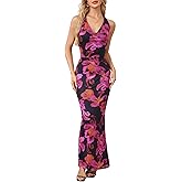 SOLY HUX Women's Floral Print Mesh Halter Bodycon Dress Cowl Neck Tie Backless Maxi Dresses