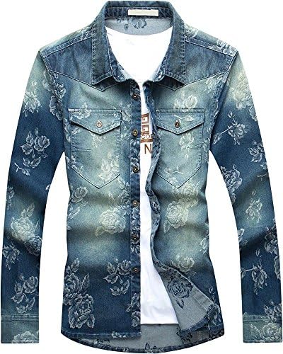 Men's Long Sleeves Vintage Rose Floral Print Denim Jeans Slim Fit Dress Shirt