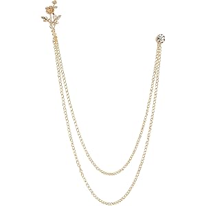 ETZRUNO Gold Suit Chain, Floral Lapel Pin For Men, Double Hanging Chains Brooch, Prom Corsage Accessories, Wedding Tuxedo Ban