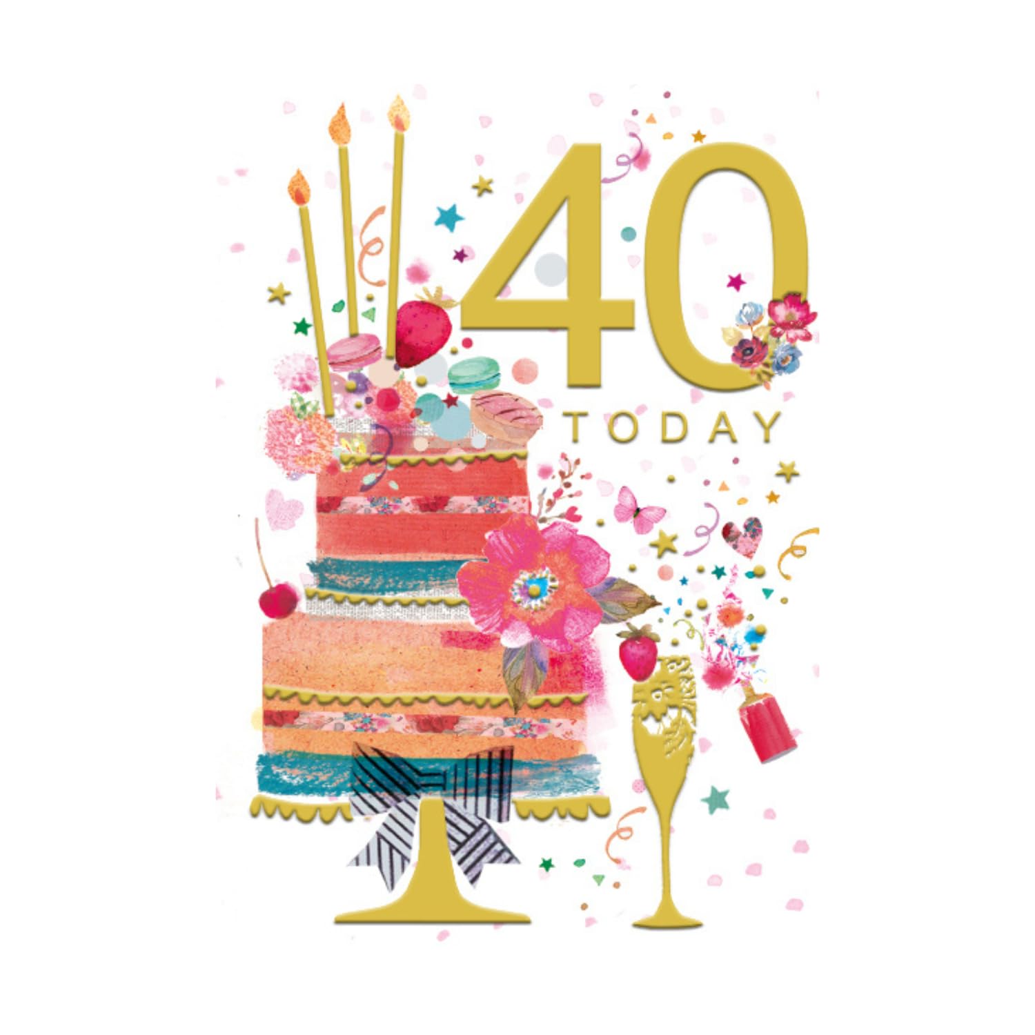 Artistic Words n Wishes Female 40th Birthday Card - Elegant Cake and Champagne Flute - Beautiful Watercolour Effects and Foil Finish - Greeting Card For Her (WW-K252)