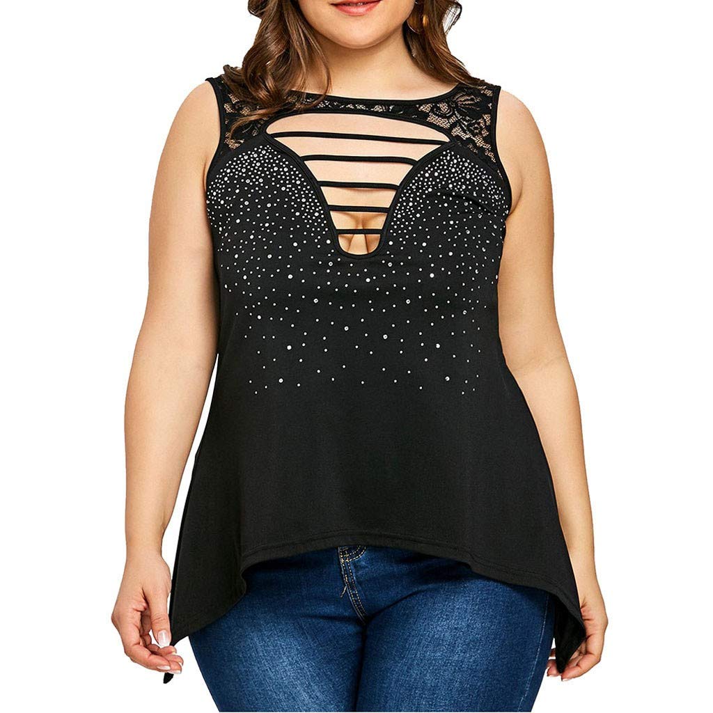 YOcheerful Women Plus Size Tops Sleeveless Ladder Cutout T-Shirt Rhinestone Tank Tops Loose Vest