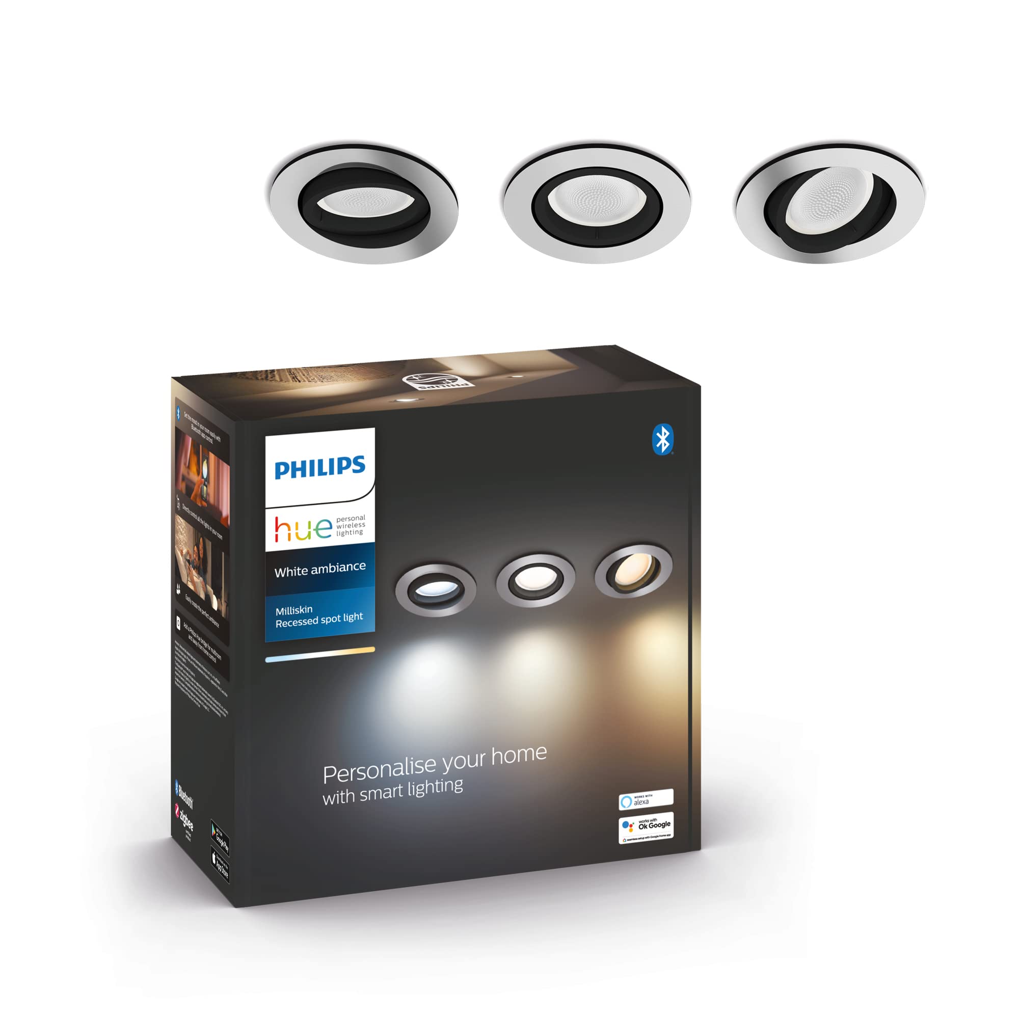 Philips Hue Milliskin Tunable Smart LED Recessed Spots 3-Pack Aluminium