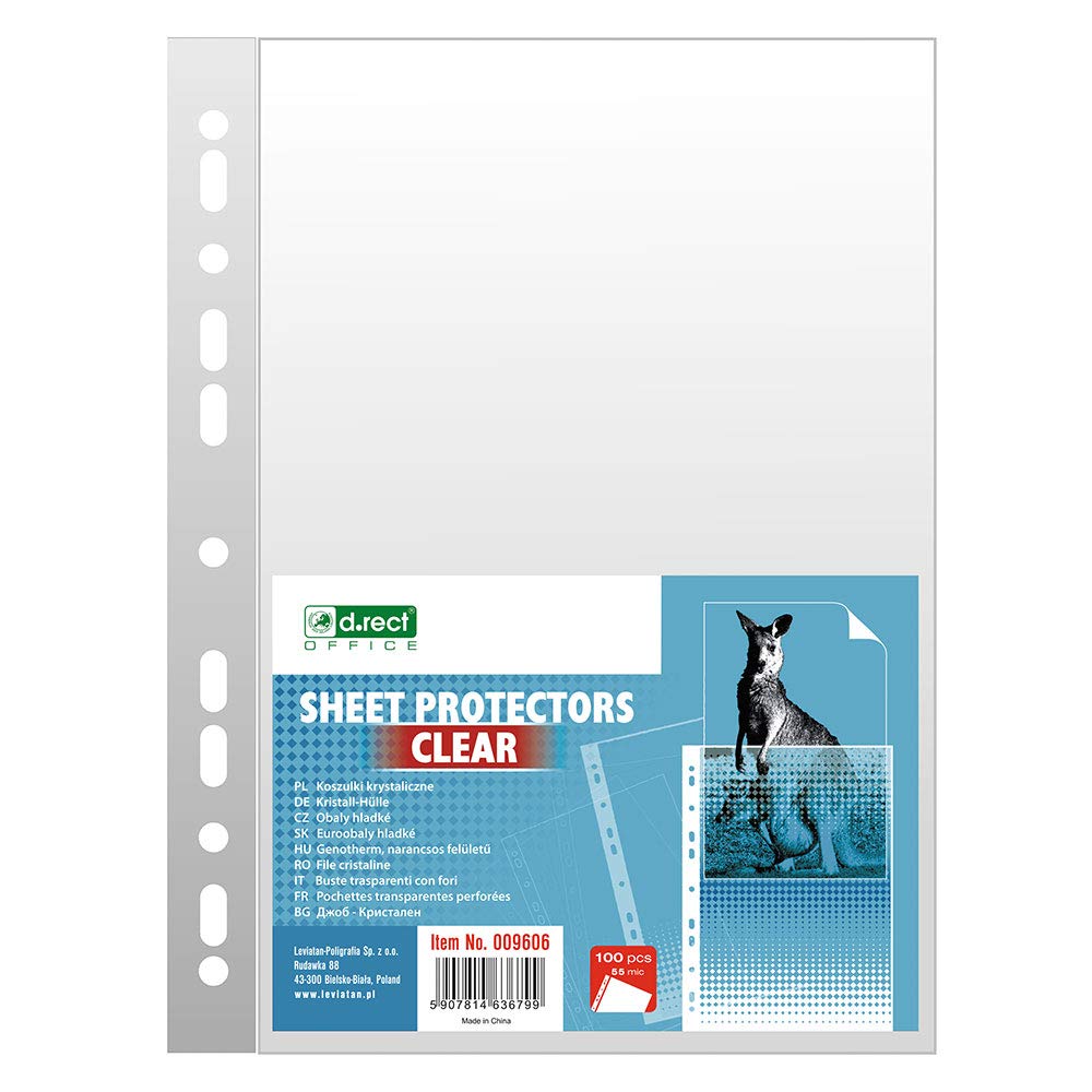 D.RECT Punched Pockets | A4 Format, 55 Micron | Pack of 100 Units | Transparent Punched | Smooth, Polypropylene Pockets | Quality Punched Pockets