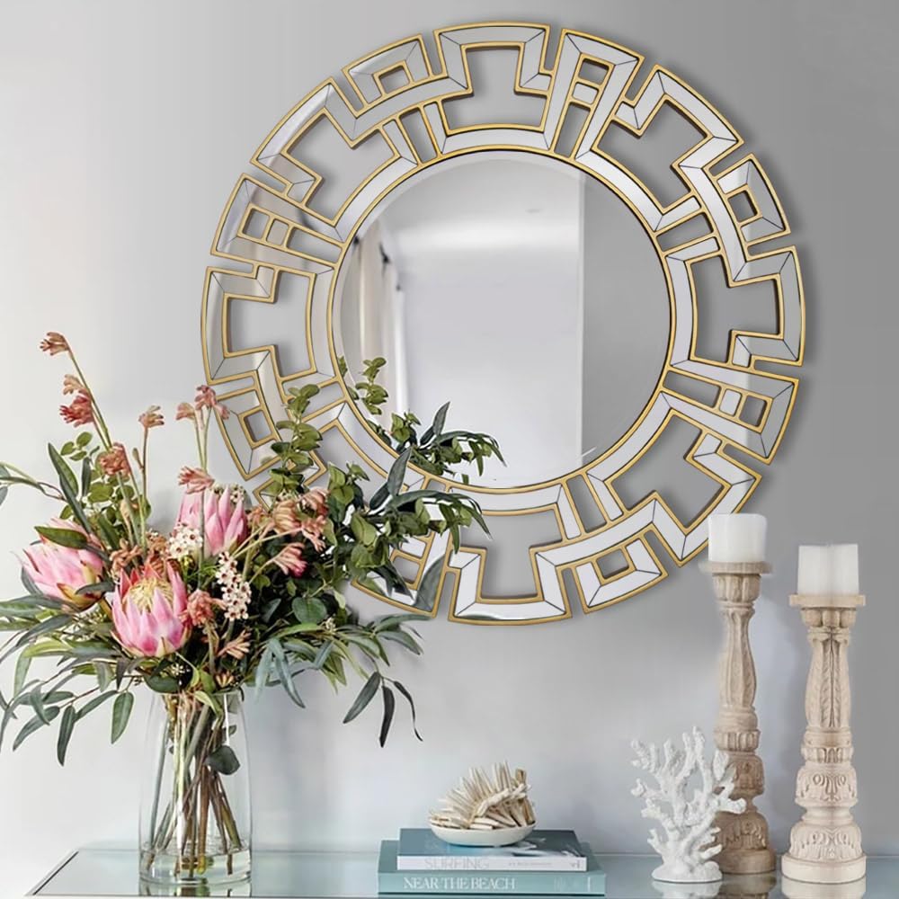 Photo 1 of Chende Gold Mirror with Wooden Frame, 36'' Round Mirror for Wall Decorative, Large Wall Mirror for Living Room, Entryway, Fireplace