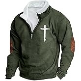Mens Fleece Quarter-Zip Cadet Collar Sweatshirt Cross Jesus Christ Christians Muscle Tops Elbow Patch Sweater