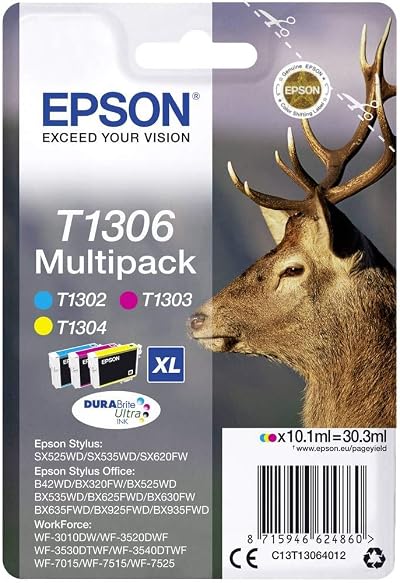 Epson T1306XL Stag Genuine High Yield Multipack, 3 Colour DURABrite Ultra Ink